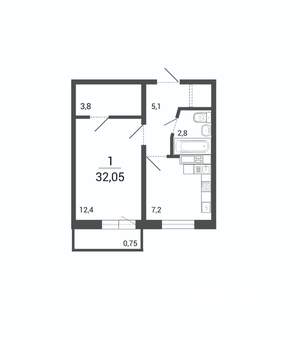 1-к квартира, строящийся дом, 32м2, 2/10 этаж