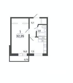 1-к квартира, строящийся дом, 32м2, 2/10 этаж